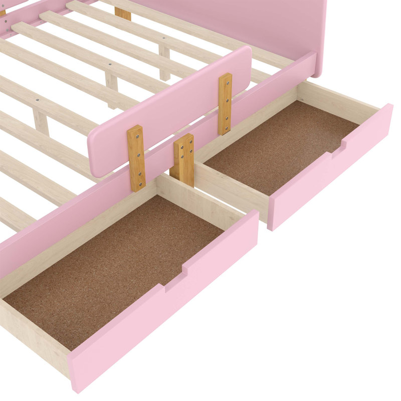 Lit plateforme double avec tiroirs de rangement, structure en bois massif, garde-corps, petite tablette et crochets, aucun sommier nécessaire, rose