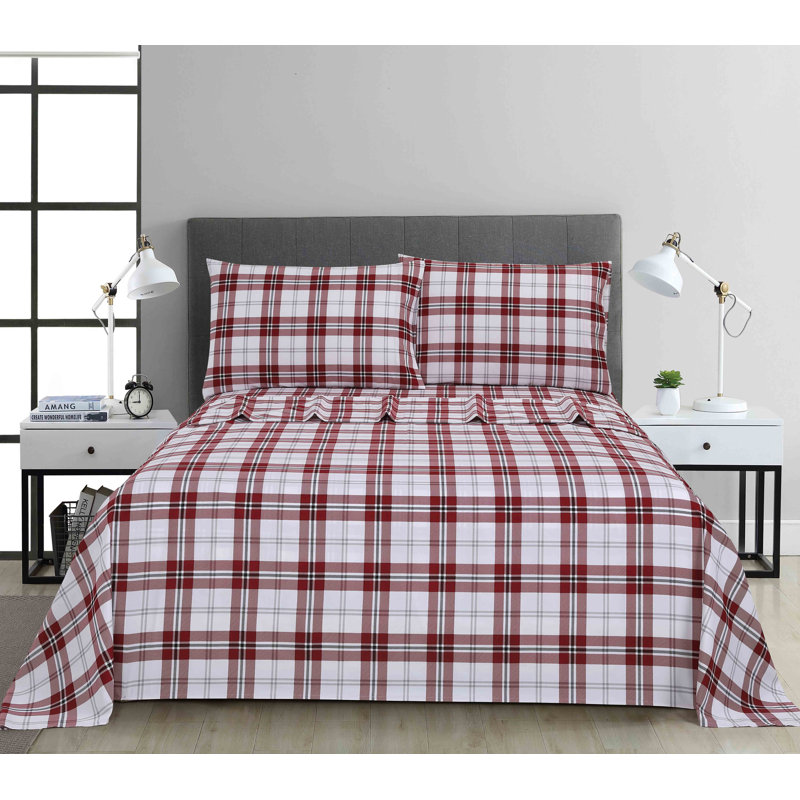 Ensemble de draps en microfibre 4 pièces, Ensemble de draps pour lit simple avec 1 taie d'or, Tissu écossais rouge / blanc
