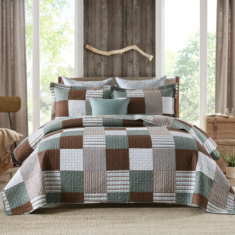 DDUOXIN Farmhouse Plaid 100% Cotton Quilt Sets - 1 Quilt with 2 Pillow Shams, Brown/Green/White, King Quilt + 2 Shams