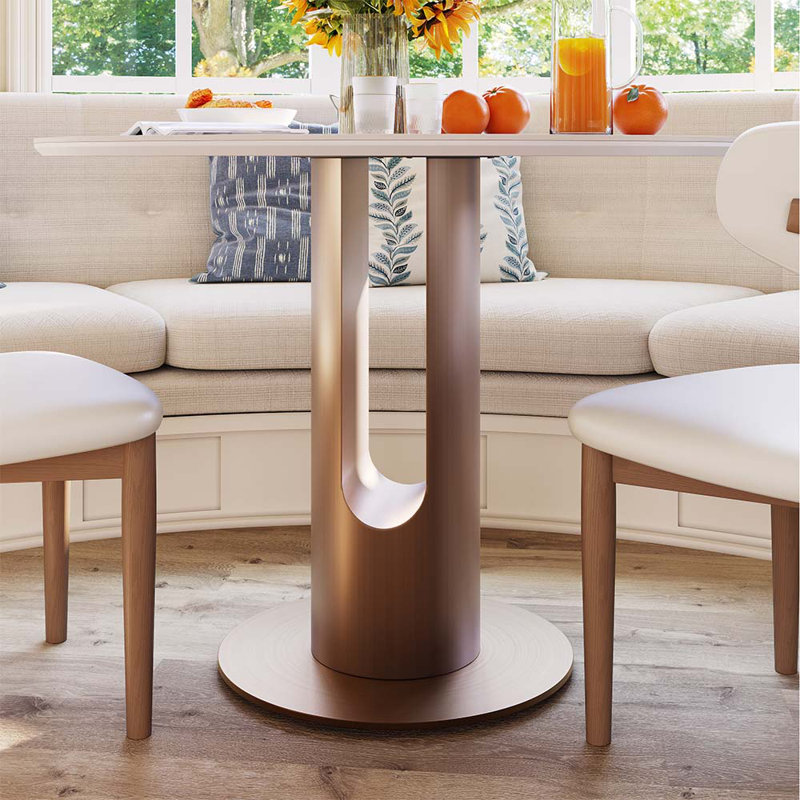 Table de petit-déjeuner moderne de 35 po, petite table de salle à manger pour coin-repas et espaces compacts, plateau en pierre frittée blanc brillant avec base en métal bronze