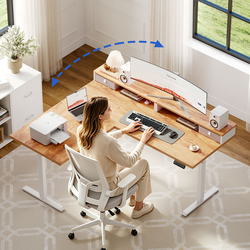 63 Inch L-Shaped Electric Height Adjustable Standing Desk with Drawers & Monitor Shelf, Ergonomic Corner Home Office Desk, with Hooks & Cable Management, Light Rustic Brown