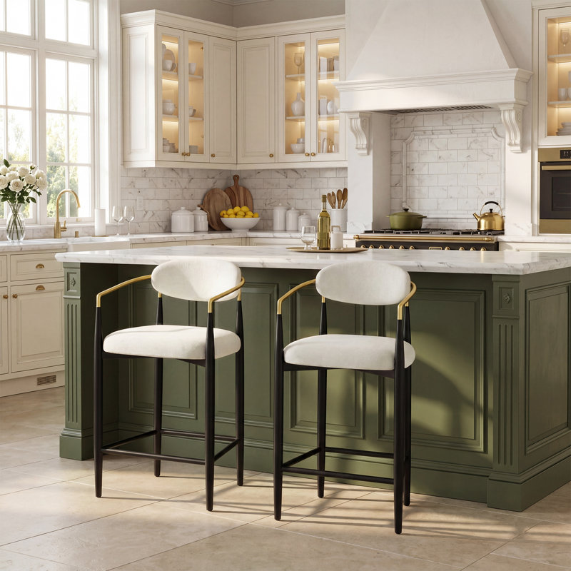 Tabouret de bar moderne en chenille avec dossier et structure aux accents dorés, Blanc