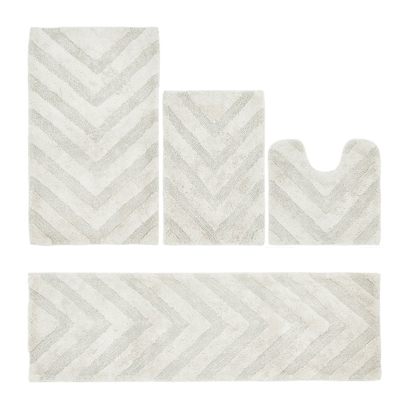 Ensemble de tapis pour salle de bain 100% coton de qualité supérieure Hugo 4 pièces avec envers antidérapant, lavable à la machine, luxueux tapis Chervon à motif super absorbant et touffeté pour la salle de bain, la douche et la baignoire