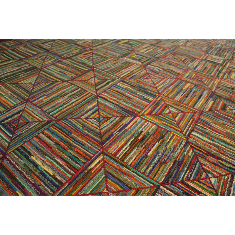 Colorful Geometric Log Cabin Squares Antique American Hooked Rug