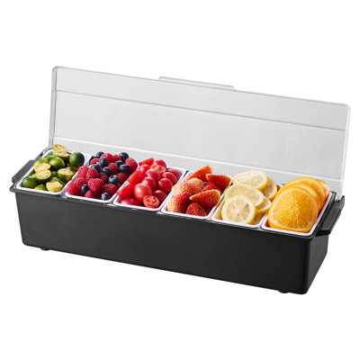 Ice Cooled Condiment Serving Container, 6 Compartments Chilled Server, Fruit Veggie Condiment Caddy, Plastic Garnish Station Lid Dispenser Tray, for Bartending & Serving Taco Restaurant Supplies