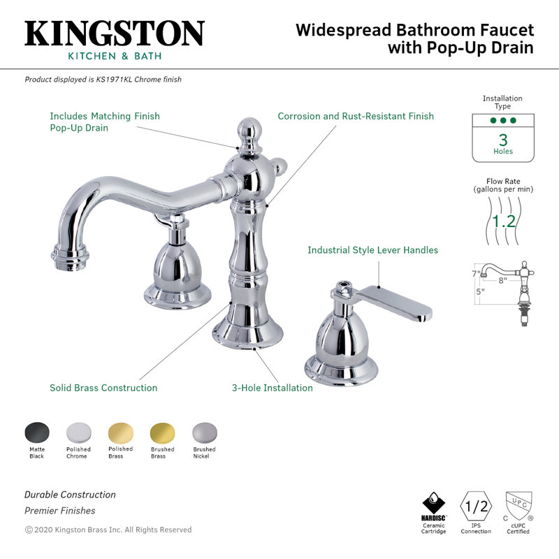 Kingston Brass Whitaker Two-Handle 3-Hole Deck Mount Widespread Bathroom Faucet with Brass Pop-Up Drain, Brushed Brass
