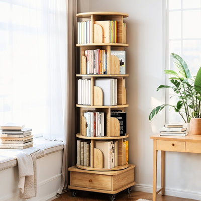 Bibliothèque rotative Space 360 avec roues et tiroir, 6 niveaux, couleur bois, roues de style contemporain, pour chambre à coucher