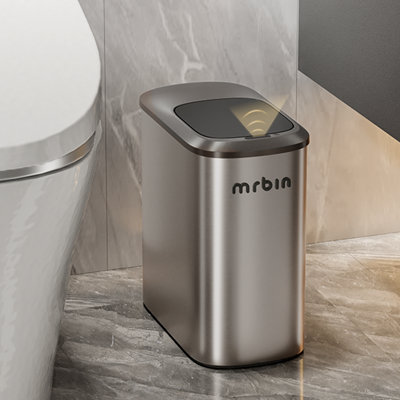 Stainless Steel Motion Sensor Bathroom Trash Can, 10L / 2.6gal Slim Smart Toilet Waste Basket with Lid, Automatic Touchless Kitchen Bucket for Narrow Restroom, Vanity, Rv, Eclipse Grey