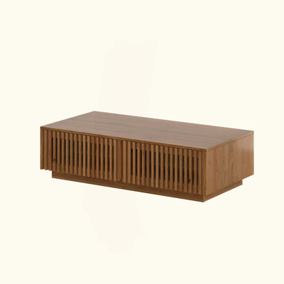 Mid Century Modern Solid Wood Coffee Table with Slatted Storage Drawers, Rectangular Low Profile Wooden Cocktail Table, Farmhouse Hidden Storage Cente