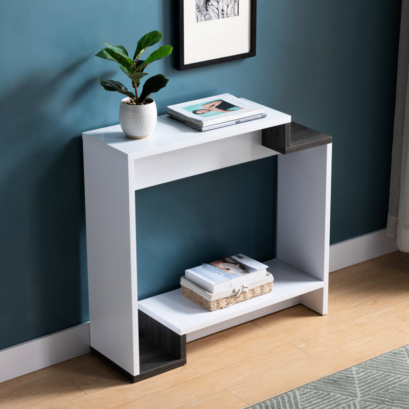 Console moderne de couleur blanche et grise, deux compartiments à tablettes ouvertes, une organisation à plusieurs niveaux, améliore l'utilisation de l'espace de vie dans les petites zones grises, unités, design, idéal pour les bureaux limités