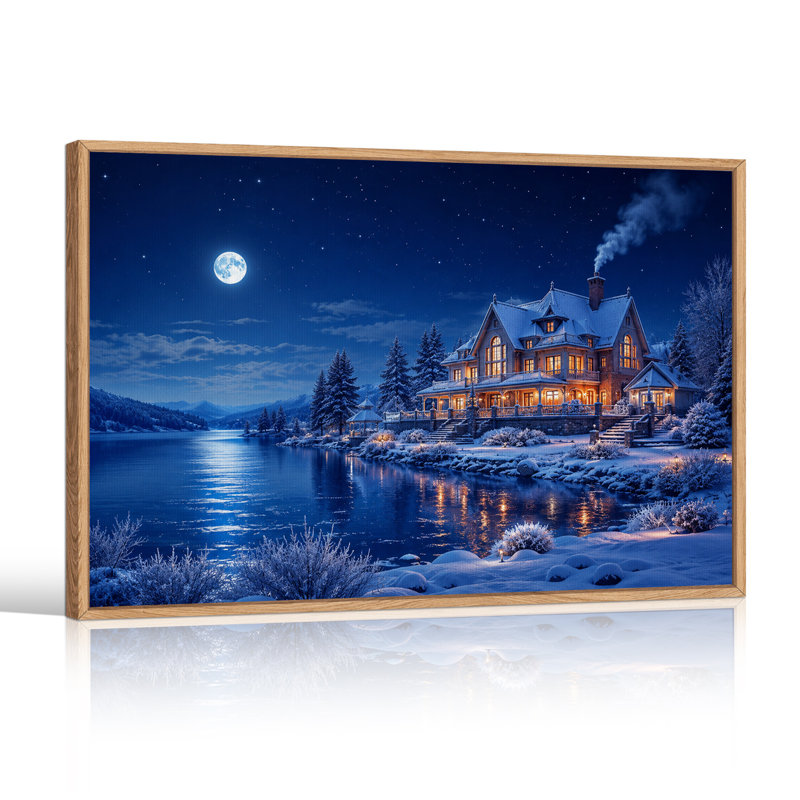 Maison enneigée se reflétant dans un lac sous la pleine lune - Toile murale d'Halloween, H 24 po x l 36 po