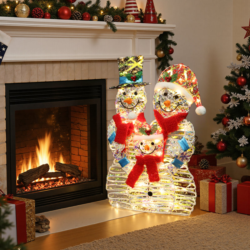 Décoration de Noël familiale de bonhommes de neige pré-illuminés en 3 pièces, ensemble de bonhommes de neige en maille métallique pour la décoration intérieure et extérieure des fêtes