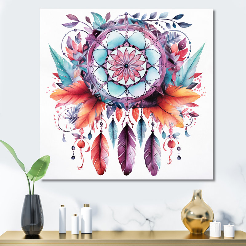 Mauve Boho Dreamcatcher, aquarelle encadrée sur toile, H 16 po x l 16 po, Toile tendue