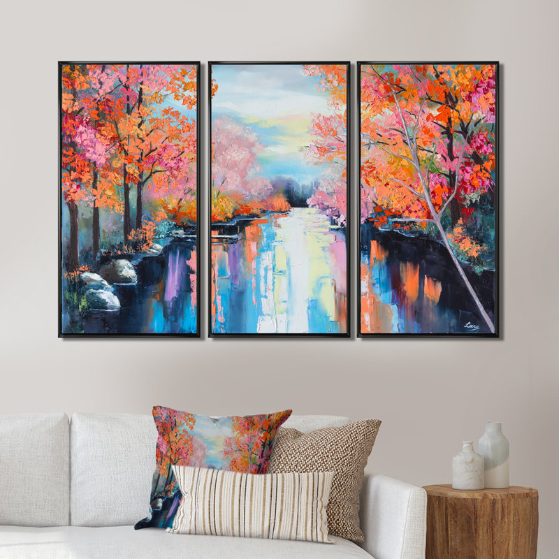 «Orange Autumn Forest By The River - Lake House», ensemble de 3 toiles encadrées, H 32 po x l 48 po, Noir