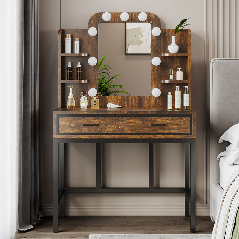 Coiffeuse avec miroir lumineux Thriston, Brun / noir