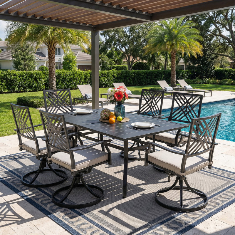  7-piece Swivel Patio Dining Set With Cushions PVC-coated polyester Chairs And Table Set For Garden, Backyard, Poolside