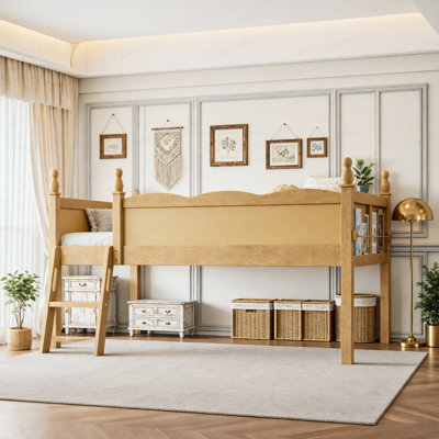 Lit mezzanine pleine grandeur avec garde-corps pleine longueur, lit mezzanine bas en bois massif avec échelles et tablette à côté, forme chic et conception à profil bas