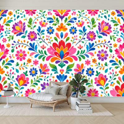 Wall Mural Peel and Stick Wallpaper Seamless Mexican Otomi Style Bright Butterflies flowers Self-Adhesive Removable Contact Paper Wall Decor for Living Room Bedroom 100"H x 144"W