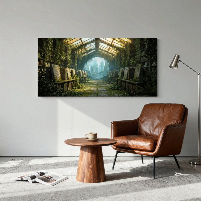 Ensemble d'un tableau sur toile représentant une bibliothèque envahie par la végétation, 46“W x 24”H, Toile tendue