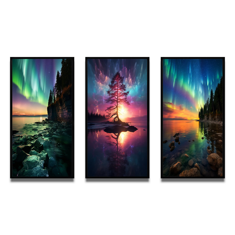 3 pièces sur toile - Aurore boréale magique, lac arctique Serenity III, Cadre flottant noir, H 28 po x l 36 po