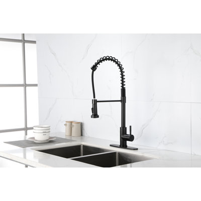 Robinet d'évier de cuisine à douchette extractible - Acier inoxydable, noir mat, terre, poignée simple, contrôle de l'eau avec tête, rotation à 360 °
