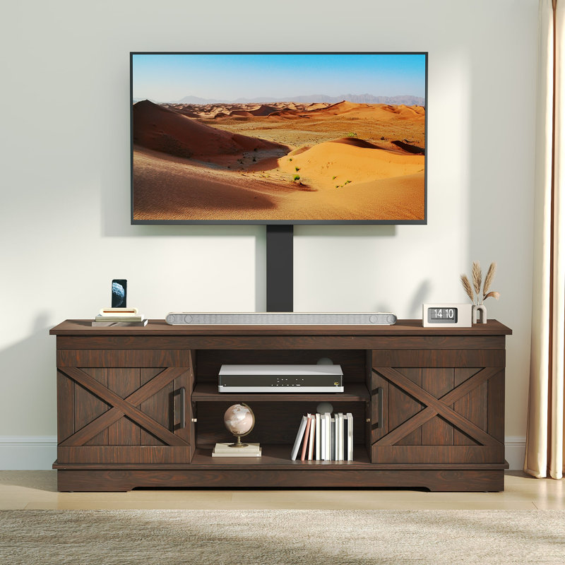 Farmhouse TV Stand With Height Adjustable Mount & 2 Barn-Door Storage Cabinet, Brown