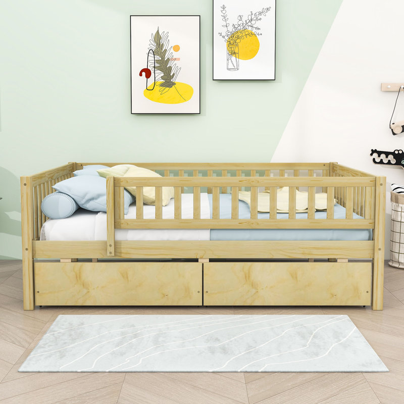 Wood Daybed with Two Drawers and Slats, Natural, Full