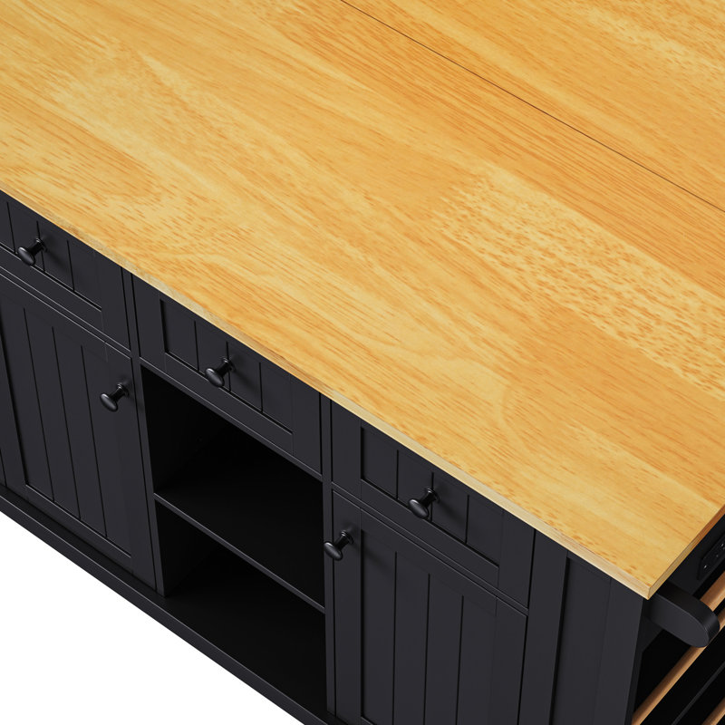 Black Kitchen Island With 2 Seats, Power Connection, Internal Storage Unit, Drop Leaf, 5 Side Shelves, 3 Drawers For Stunning Areas Chairs,