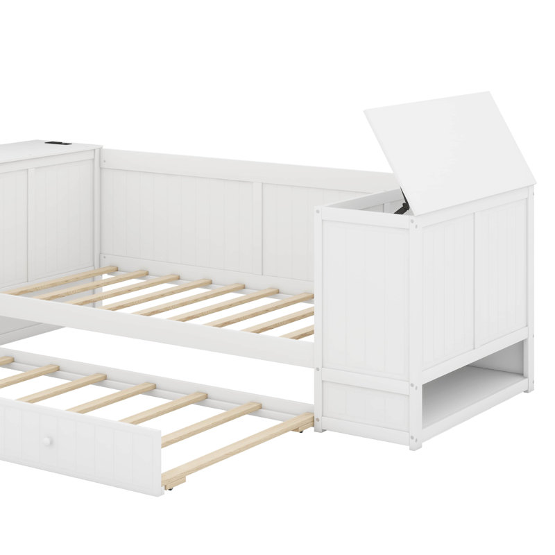 Twin Daybed With Trundle And Charging Station, White