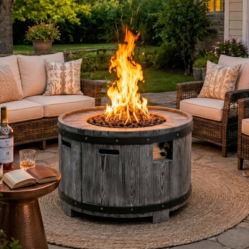 23 inch Outdoor Gas Fire Table with Wine Barrel Look in Terrafab
