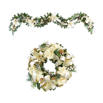 32" Holiday Hydrangea Wreath and 9' Garland