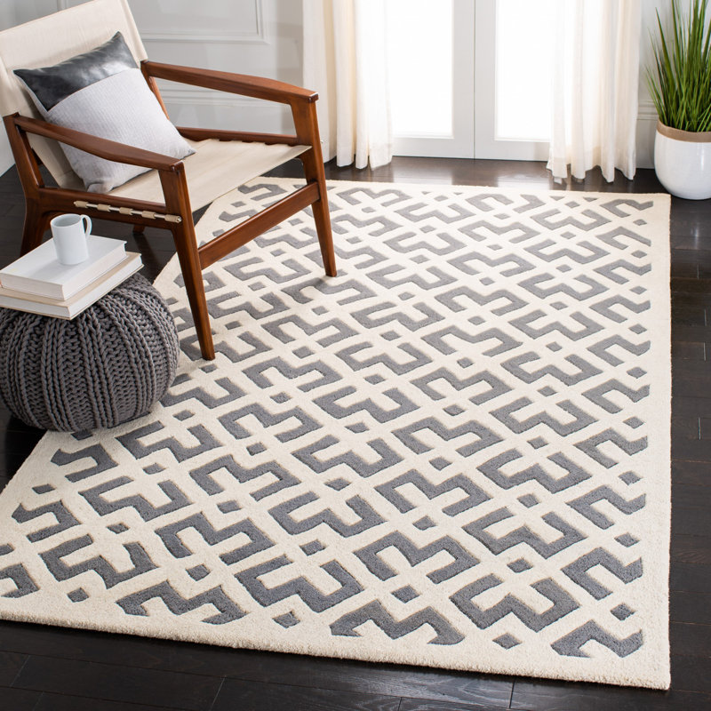 Sanyiah Geometric Handmade Tufted Wool Dark Grey/Ivory Area Rug, Rectangle 8' x 10'
