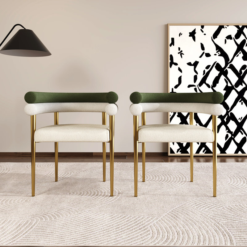 Dining Chairs Upholstered Arm Chairs With Backrests and Metal Legs(Set of 2), Green/White