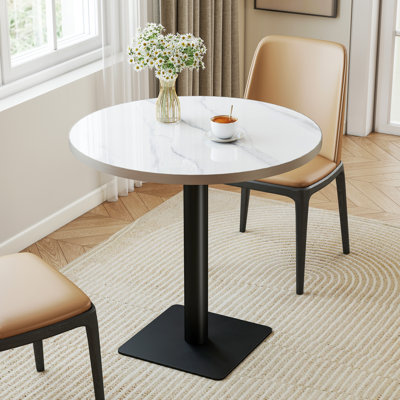 Table de salle à manger ronde en céramique frittée de 31,5 po avec rebord métallique, table à piédestal 2-4 places pour l'intérieur et l'extérieur, café commercial, réunion de bureau et maison, base noire