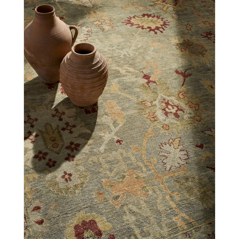 Ghazni Hand Knotted Wool Abstract Area Rug in Green, Rectangle 8' x 10'