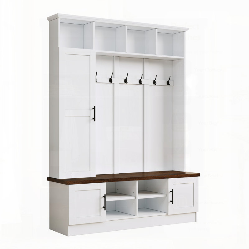 Versatile 3-In-1 Hall Tree With 6 Hooks, Farmhouse Walnut Storage Bench, And Adjustable Shelves For Entryway Organization