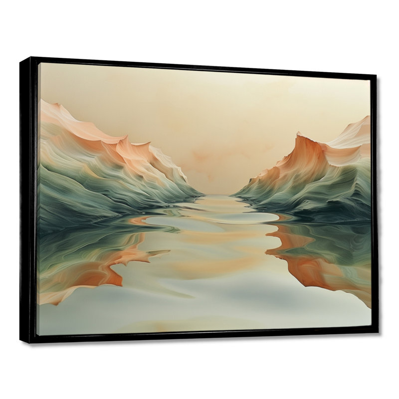Green Beige Magical Sunset Dunes II - Desert Wall Art Print, Cadre flottant noir, H 30 po x l 40 po x P 1,5 po