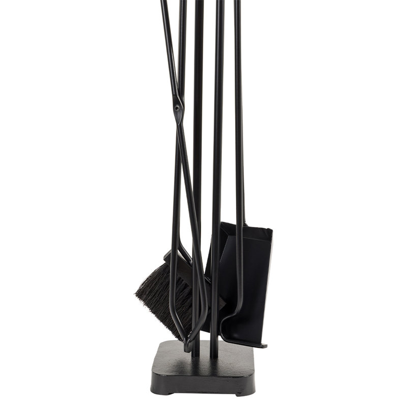 Modern Black Steel 5-Piece Fireplace Tool Set with Maple Handles
