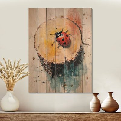 Ladybug At The Forest On Slide II - Ladybug Wood Wall Decor - On Natural Pine Wood