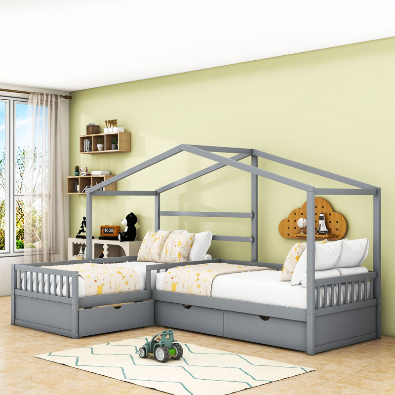 Lit plateforme simple en L en bois 3 tiroirs, Gris