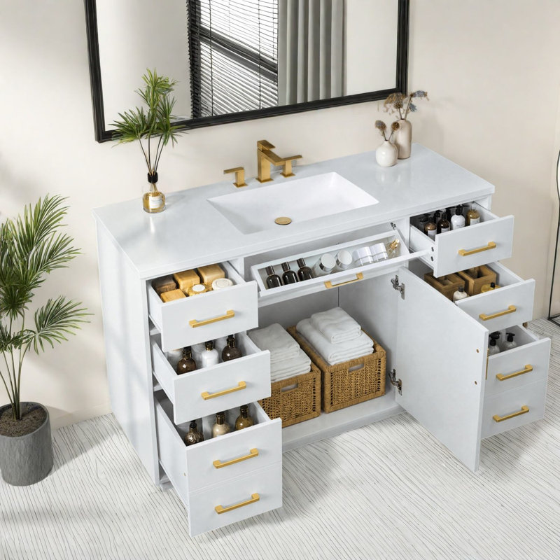 Meuble-lavabo moderne (avec meuble-lavabo et lavabo) avec rangement, Blanc