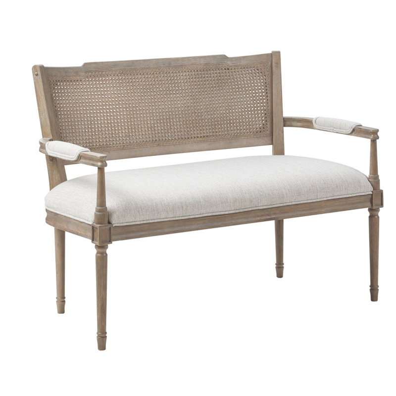 Beige Faux Leather Chesterfield Settee with Rattan Backrest