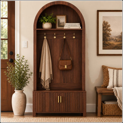 Arched Farmhouse Hall Tree with Bench, 4 Hooks & Fluted Cabinet, Walnut