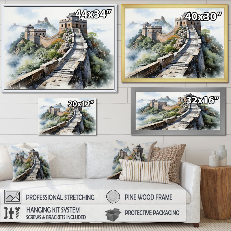 Grande muraille de Chine, sérénité 5 - Art mural Chine, Cadre d'angle fermé noir, H 16 po x l 32 po x P 1 po