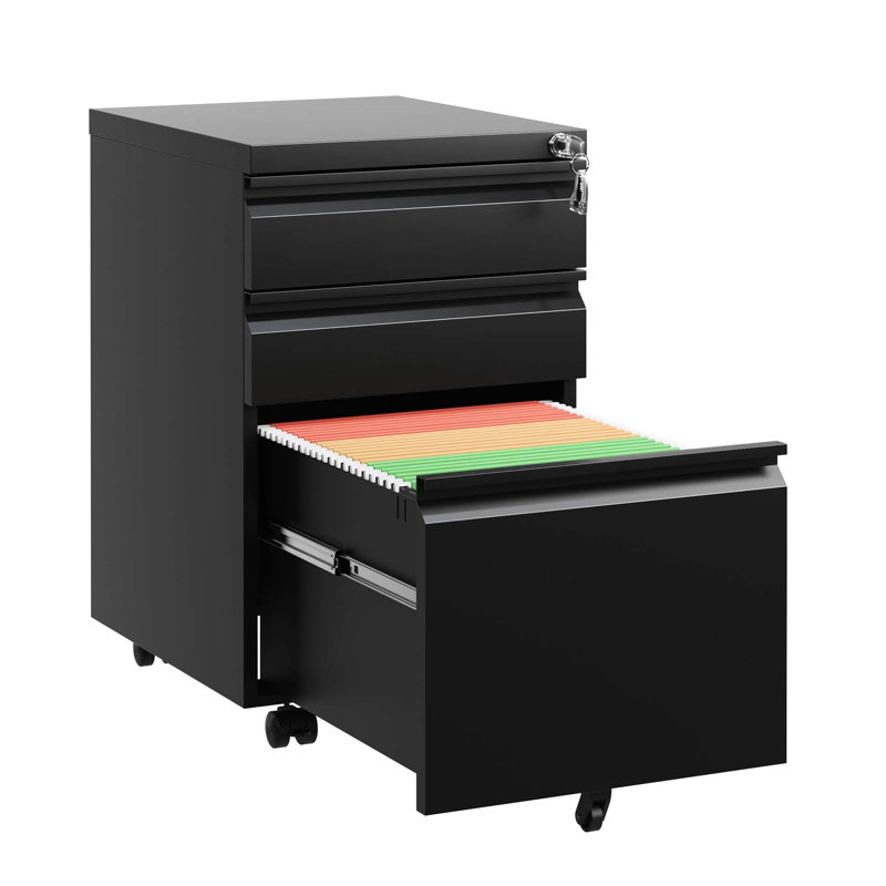 3 Drawer Filing Cabinet With Lock, Metal, Black, Fully Assembled, Organize Office Space, Build Metal Lockable Cabinet, Home Stationery Storage, Robust Construction Applied