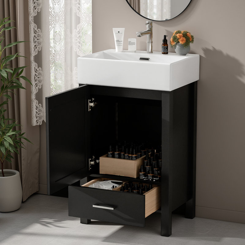 Meuble-lavabo de 20 po avec lavabo en céramique et rangement à fermeture en douceur, Noir
