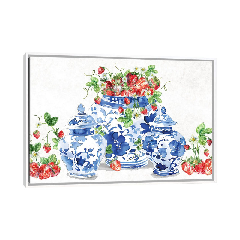 Ginger Jars And Strawberries - reproduction d'art murale - toile encadrée, 48" x 32", Framed Canvas, White