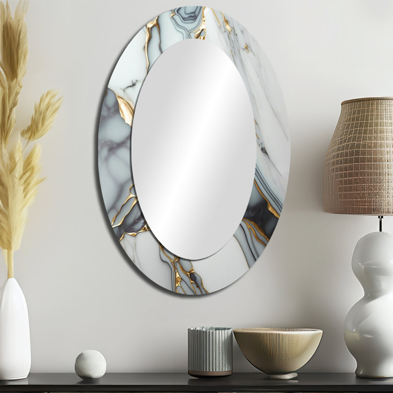 Géode abstraite or et marbre blanc V - Miroir décoratif abstrait ovale sur métal, 36 po x 24 po
