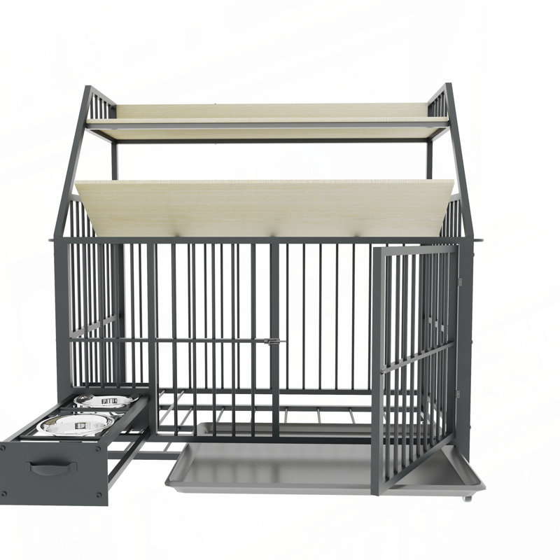 Grand meuble pour cage de chien avec support de rangement et tiroirs, Noir / Beige