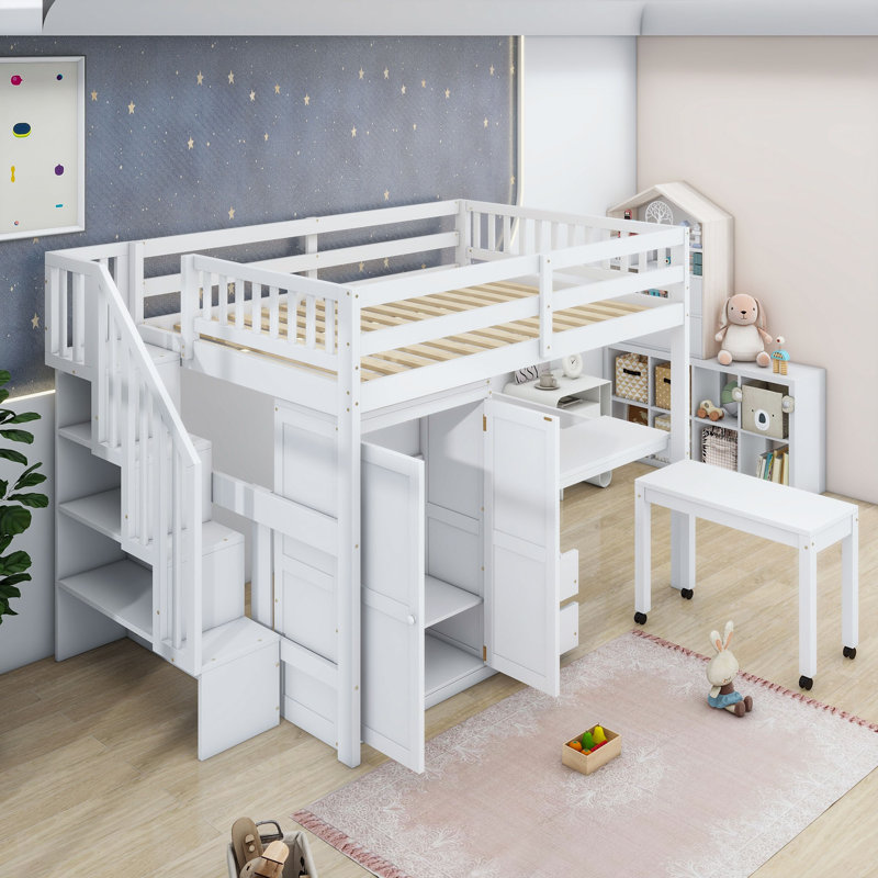2 Drawers Loft Bed With Storage Staircase, Desk, Shelves & Wardrobe, Full, White